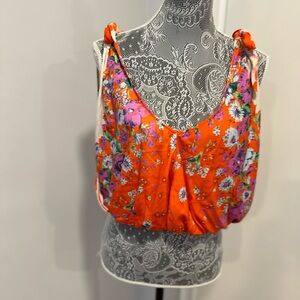 NWOT Free People Sz:S Orange Floral Vneck Loose Fit Cropped Camisole Tank.